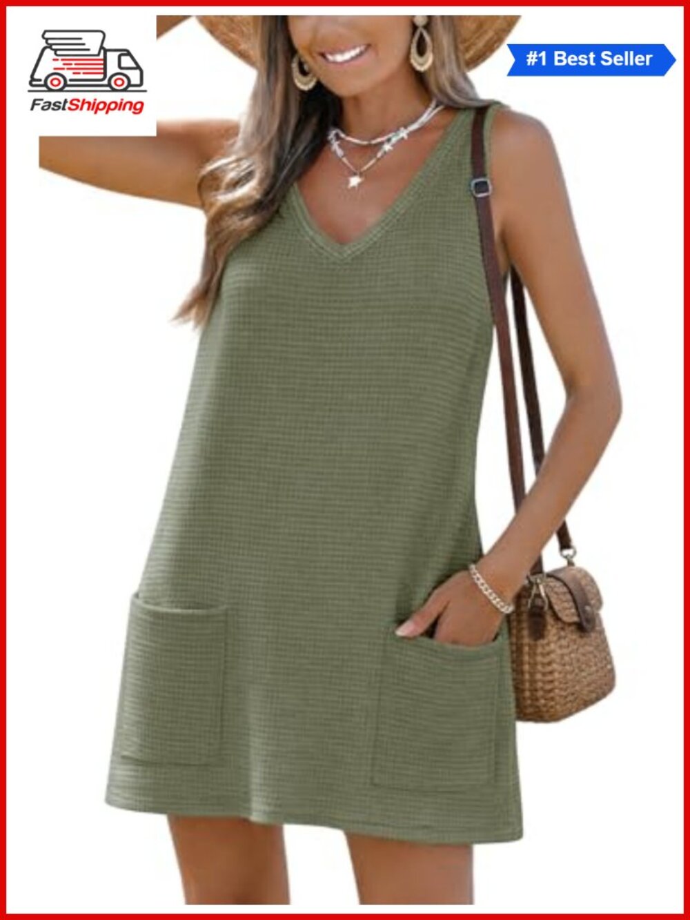 ✨ Women's Sleeveless Waffle Knit Swimsuit Coverup V-Neck Beach Dress with